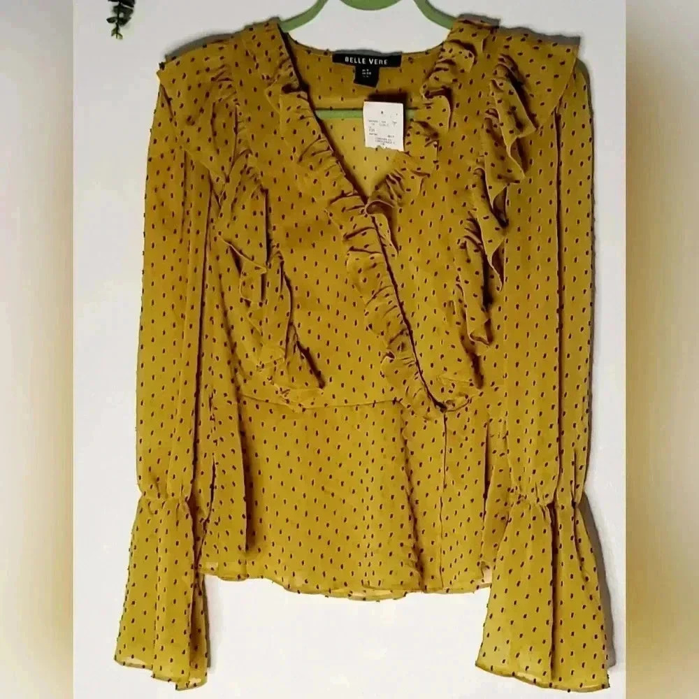 Belle Vere Swiss-Dot Mustard  Gold Ruffled Long Sleeve Wrap Blouse Sz M NWT